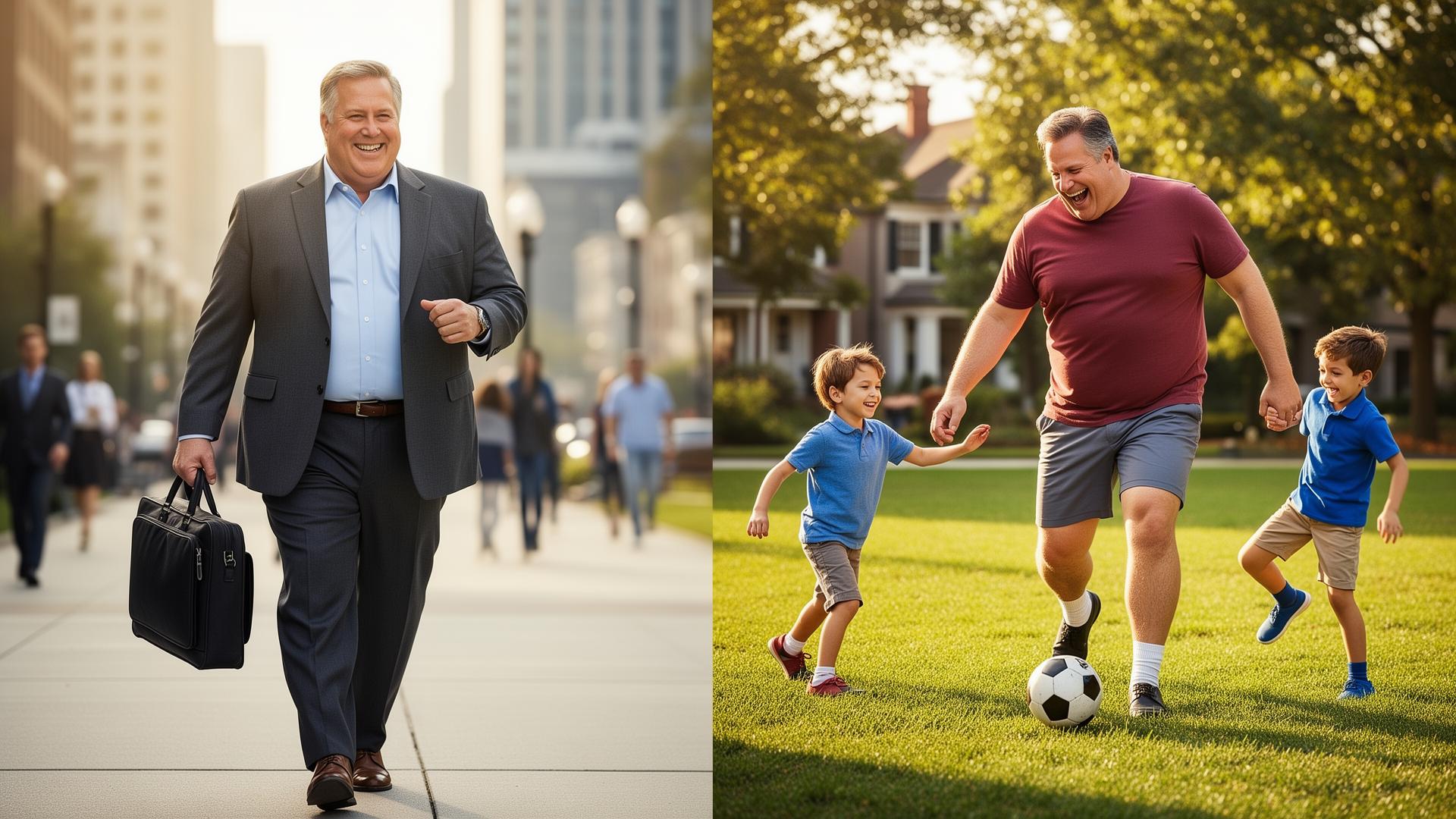 Middle-aged man energized at work and playing soccer with his children